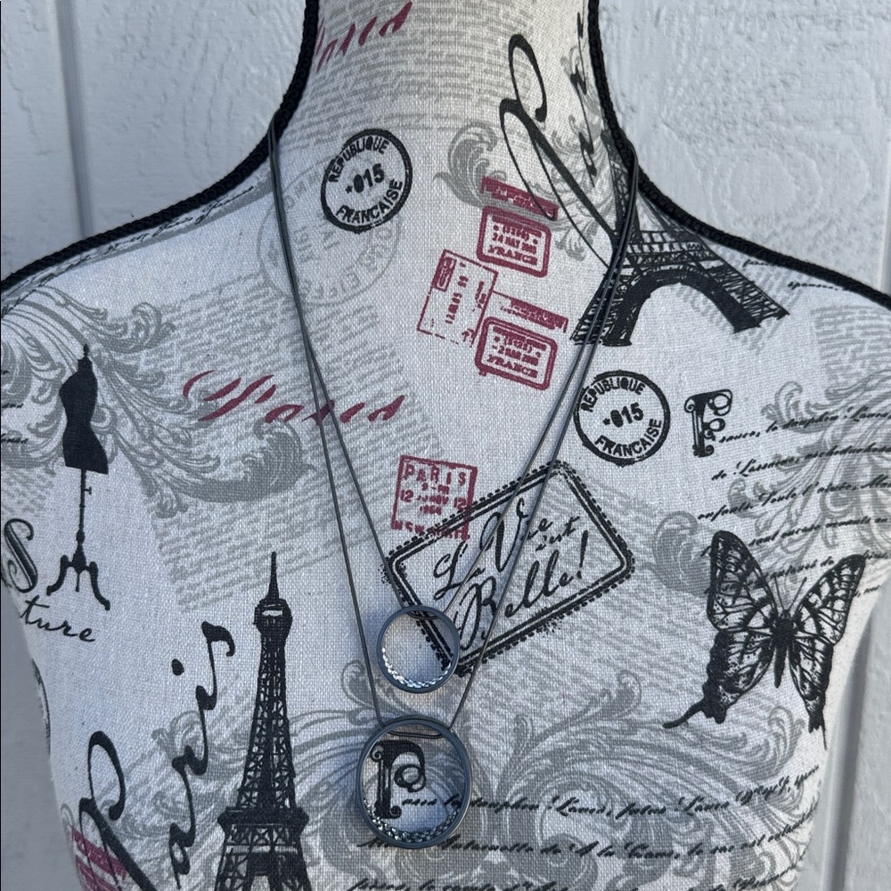 Sweet Lola Gun Metal Gray Double Circle Necklace with Rhinestones